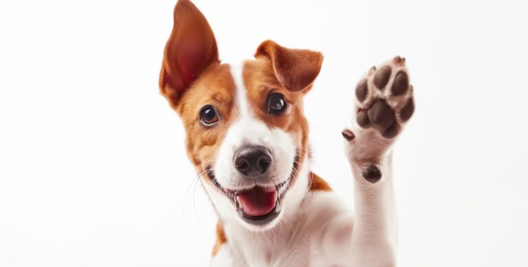 Happy,Dog,Giving,A,High,Five,Isolated,On,White,,With