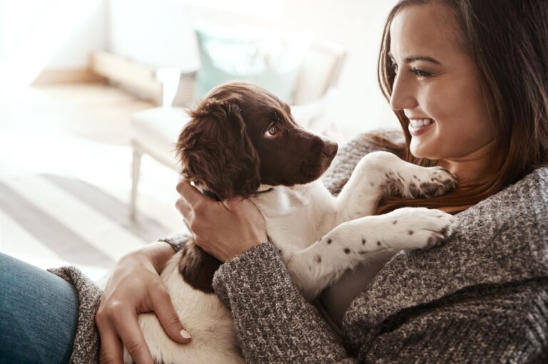 Smile,,Happy,And,Woman,With,Dog,On,Sofa,Bonding,With